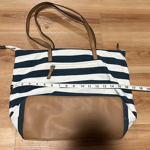 Sonoma Blue and White Striped Tote Bag with Leather Handles - Picture 4 of 5